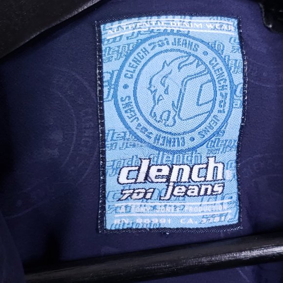 Vtg Clench Jeans 701 Men's XL Navy Blue Spellout Logo Button Up Shirt Y2K - Picture 6 of 9